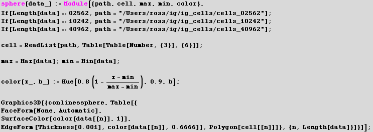 RowBox[{RowBox[{sphere[data_], :=, RowBox[{Module, [, RowBox[{{path, cell, max, min, color}, , ...  ]}]}], ]}], ,, Polygon[cell[[n]]]}], }}], ,, {n, Length[data]}}], ]}]}], }}], ]}]}]}], ]}]}], ;}]